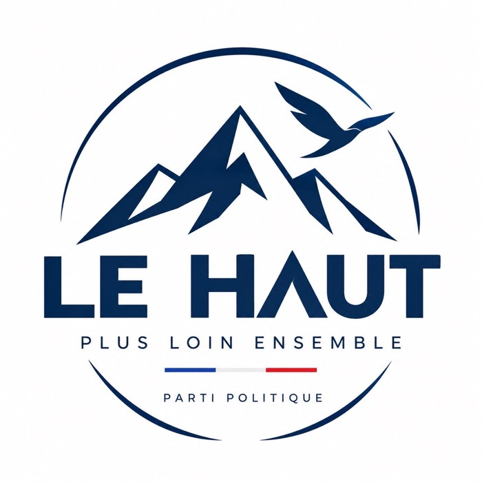 Logo du Haut : une montagne et un oiseau, avec la devise Plus loin ensemble